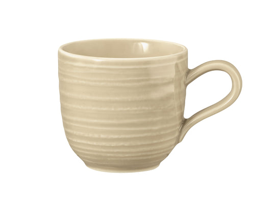Beige Tasse, schlichtes Design.