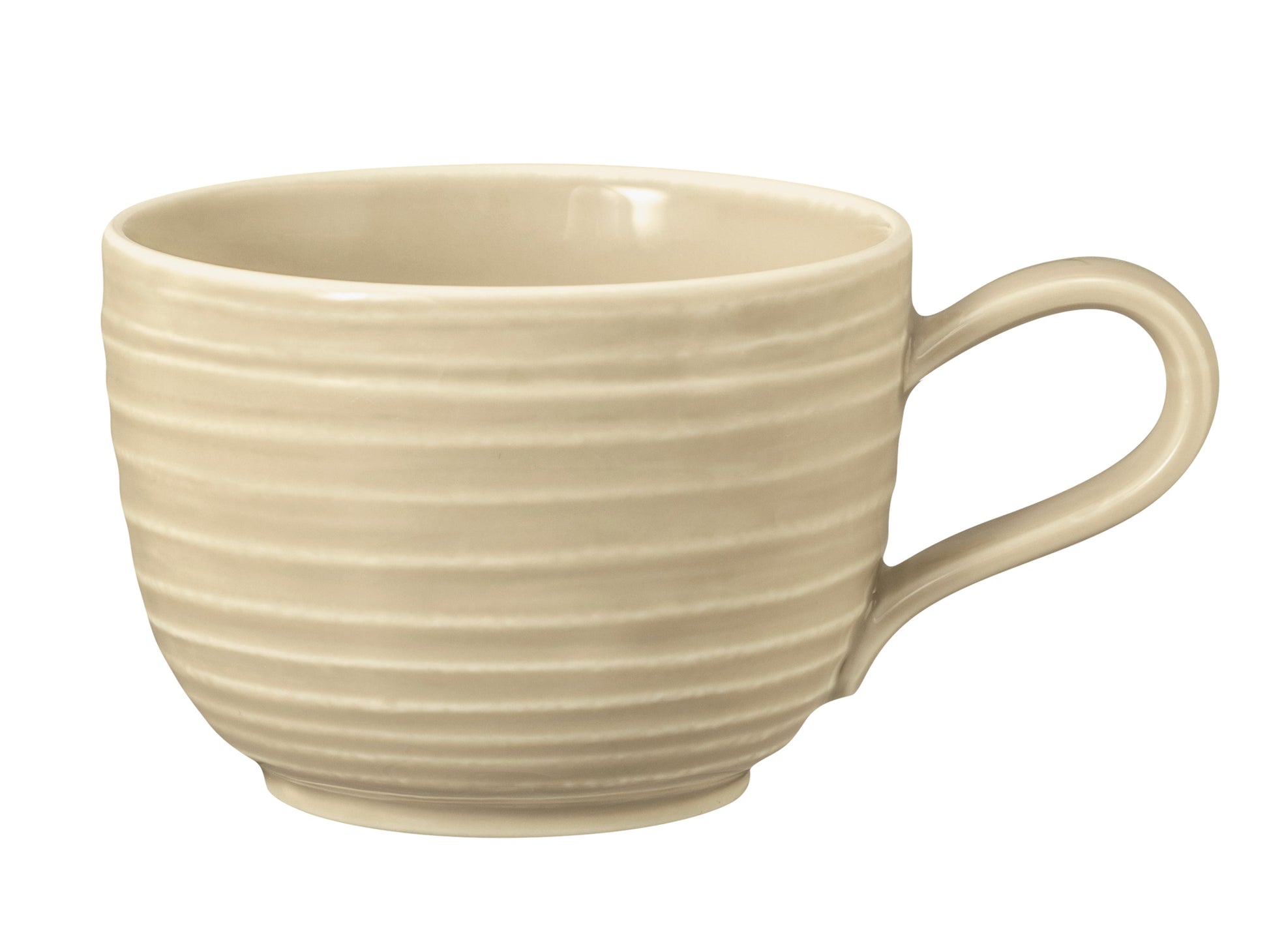 Beige Tasse mit Henkel.