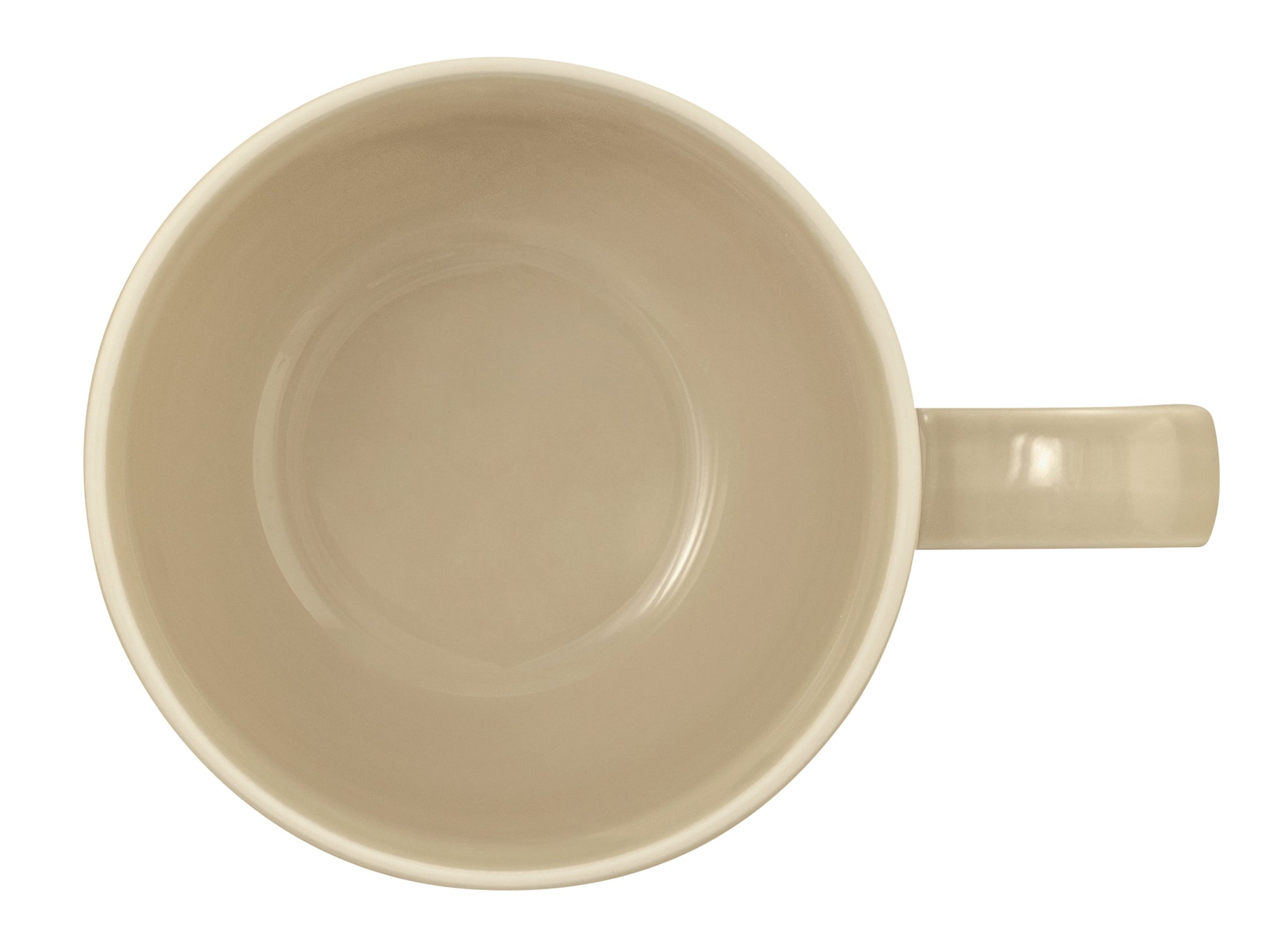 Beige Tasse mit Henkel.