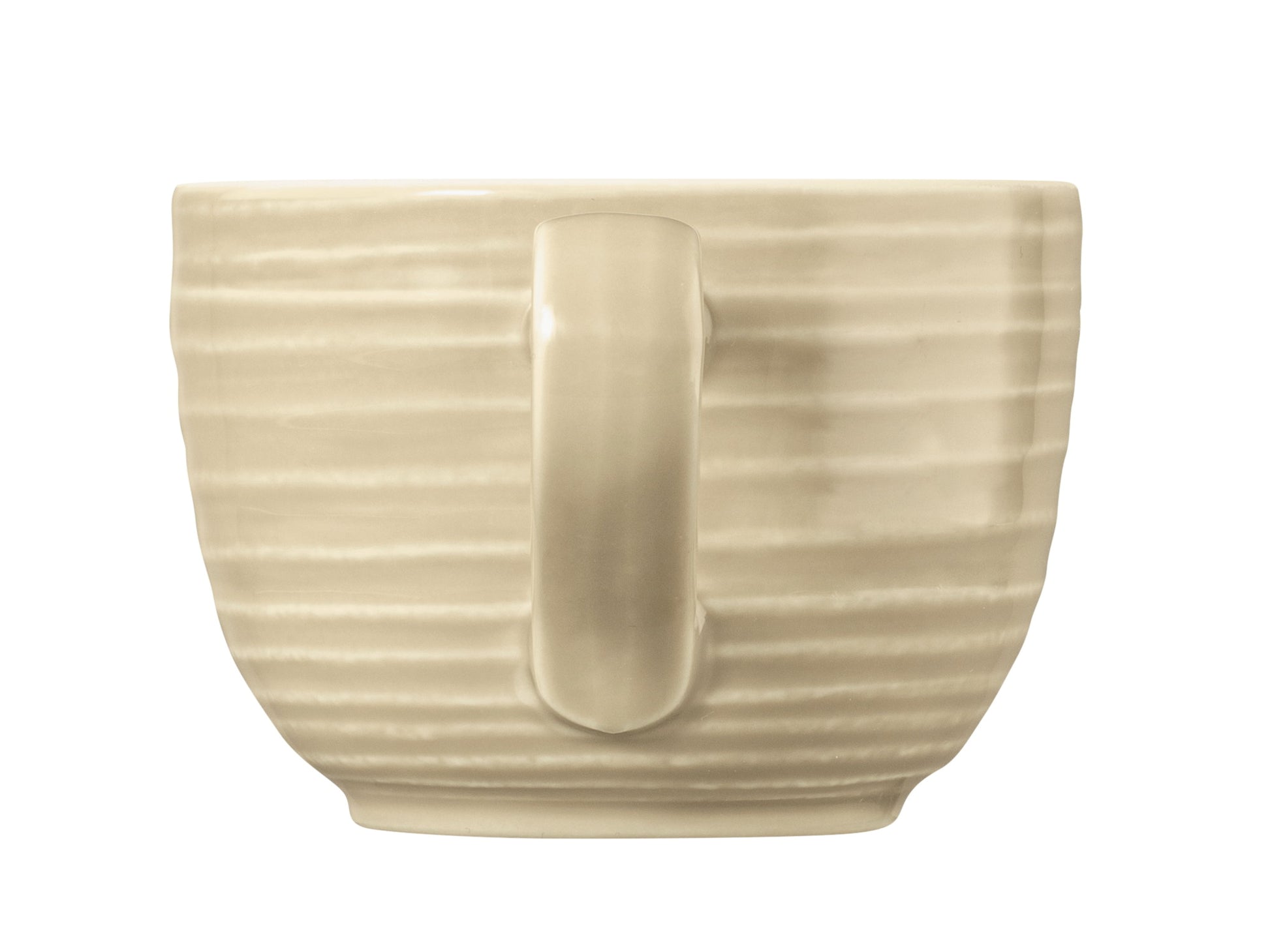 Beige Tasse mit Henkel.