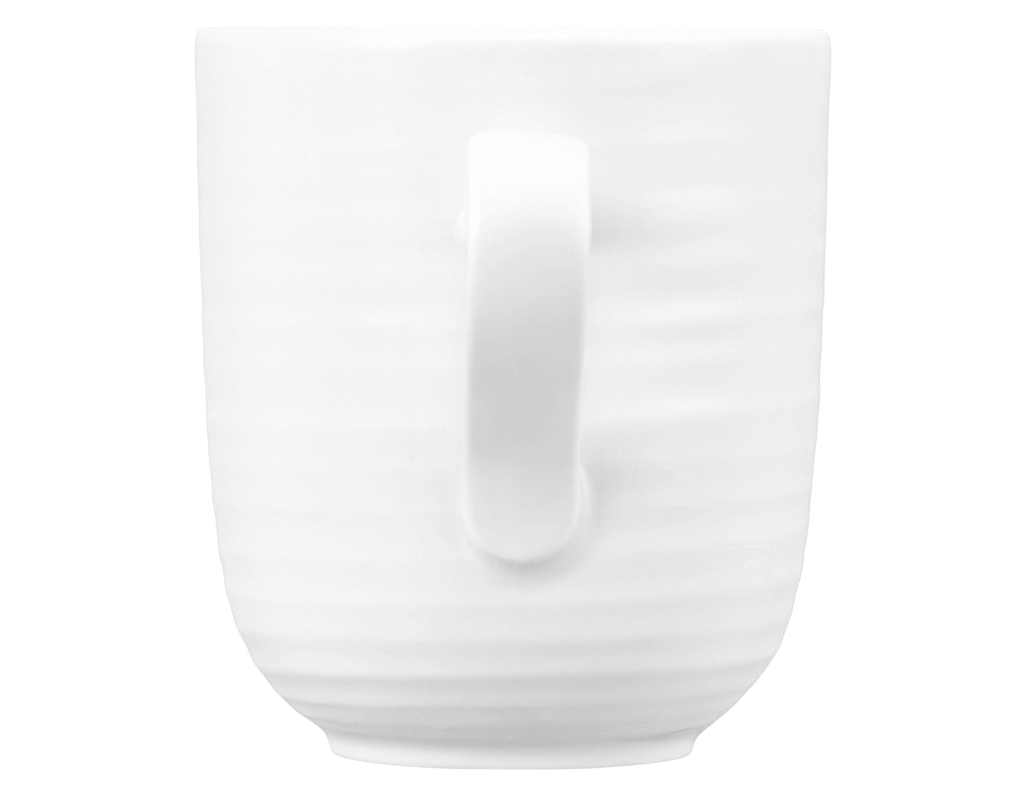 Weiße Tasse vor weißem Hintergrund