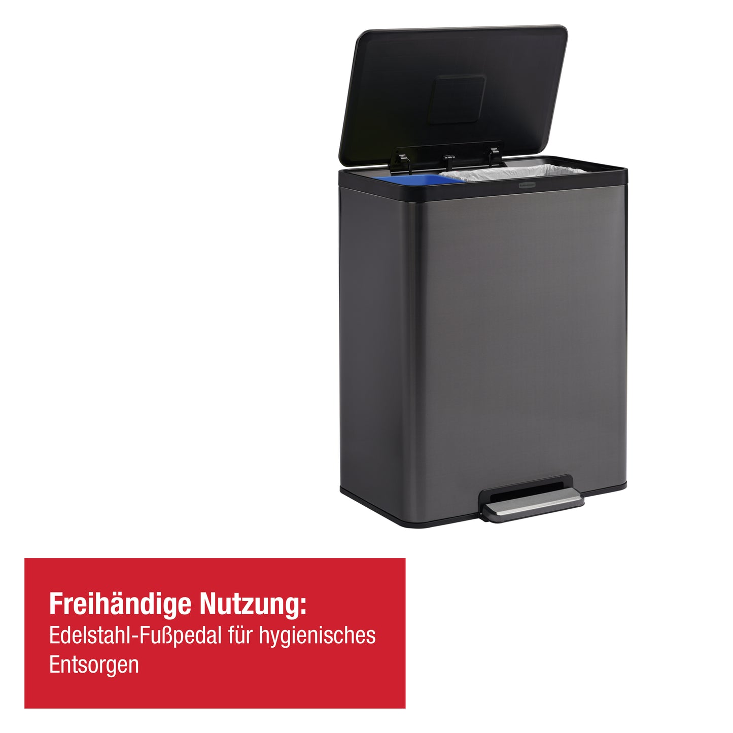 Edelstahl‑Tretabfalleimer mit 2 Innenbehältern für Abfall & Recycling, 60 l, anthrazitfarben