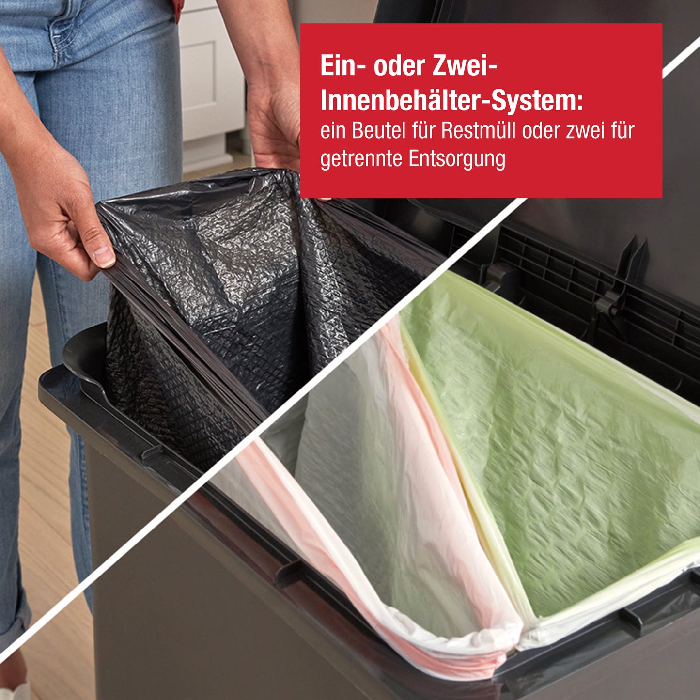 Rechteckiger Tretabfalleimer aus Kunststoff, Doppelbehälter für Abfall & Recycling, 71 l, anthrazitfarben