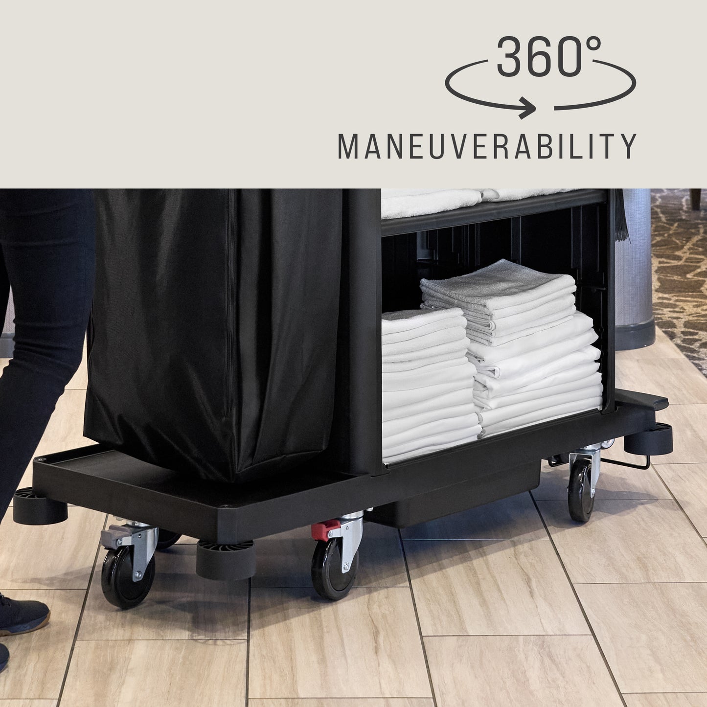 Kompakter Housekeeping‑Wagen mit Abfallsack und Ablagen