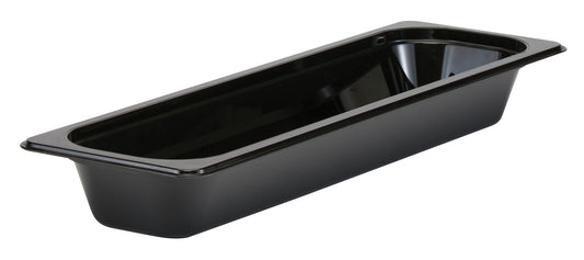 Schwarze GN-Behälter aus Kunststoff.