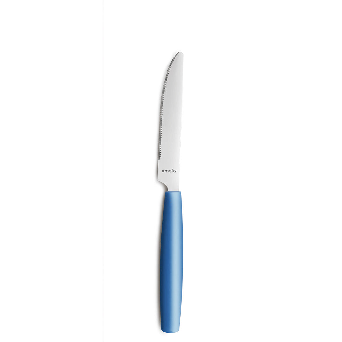 Messer mit blauem Griff auf weißem Hintergrund.