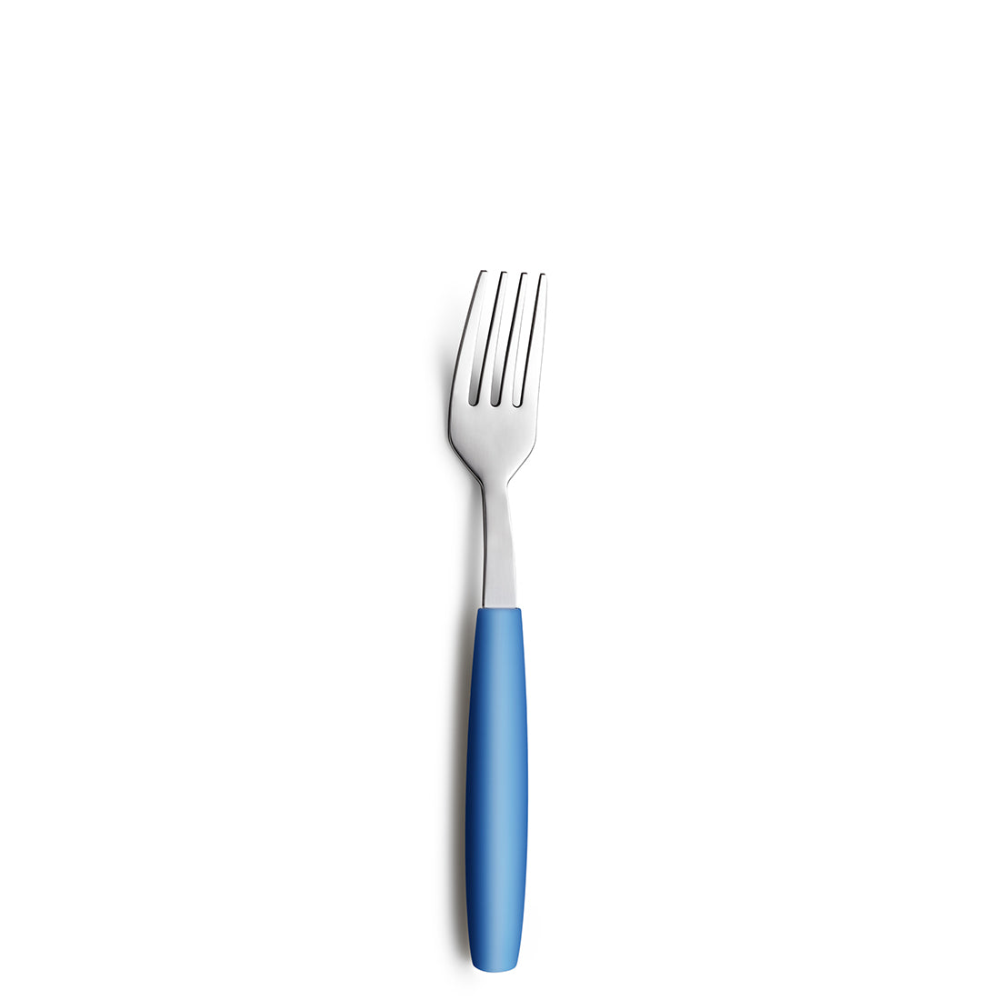 Gabel mit blauem Griff auf weißem Hintergrund.