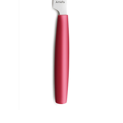 Rotes Messer mit Edelstahlklinge, vertikal positioniert.