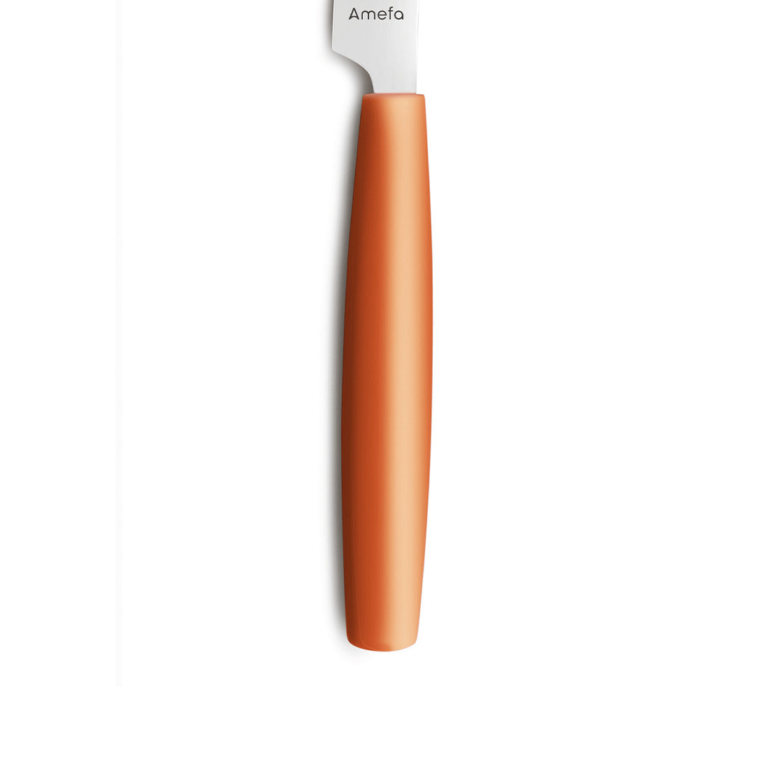Orangener Messergriff mit Klinge oben sichtbar.