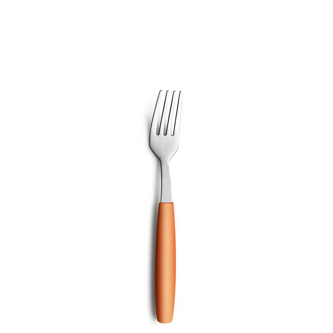 Gabel mit orangefarbenem Griff auf weißem Hintergrund.