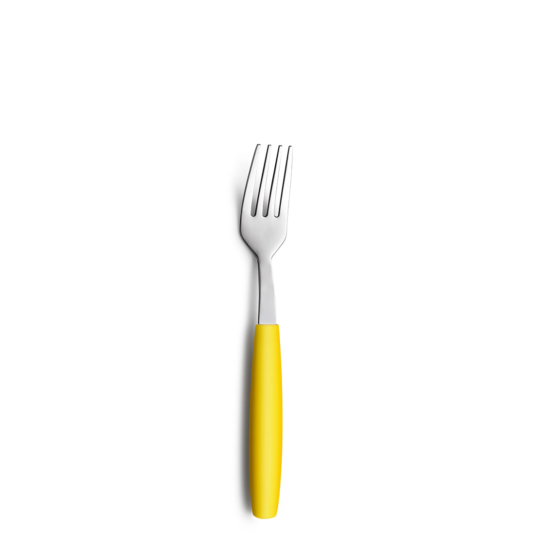 Gabel mit gelbem Griff auf weißem Hintergrund.