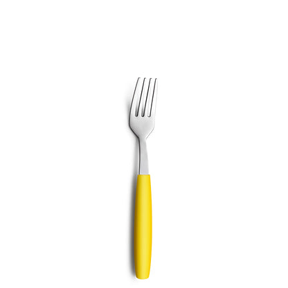 Gabel mit gelbem Griff auf weißem Hintergrund.