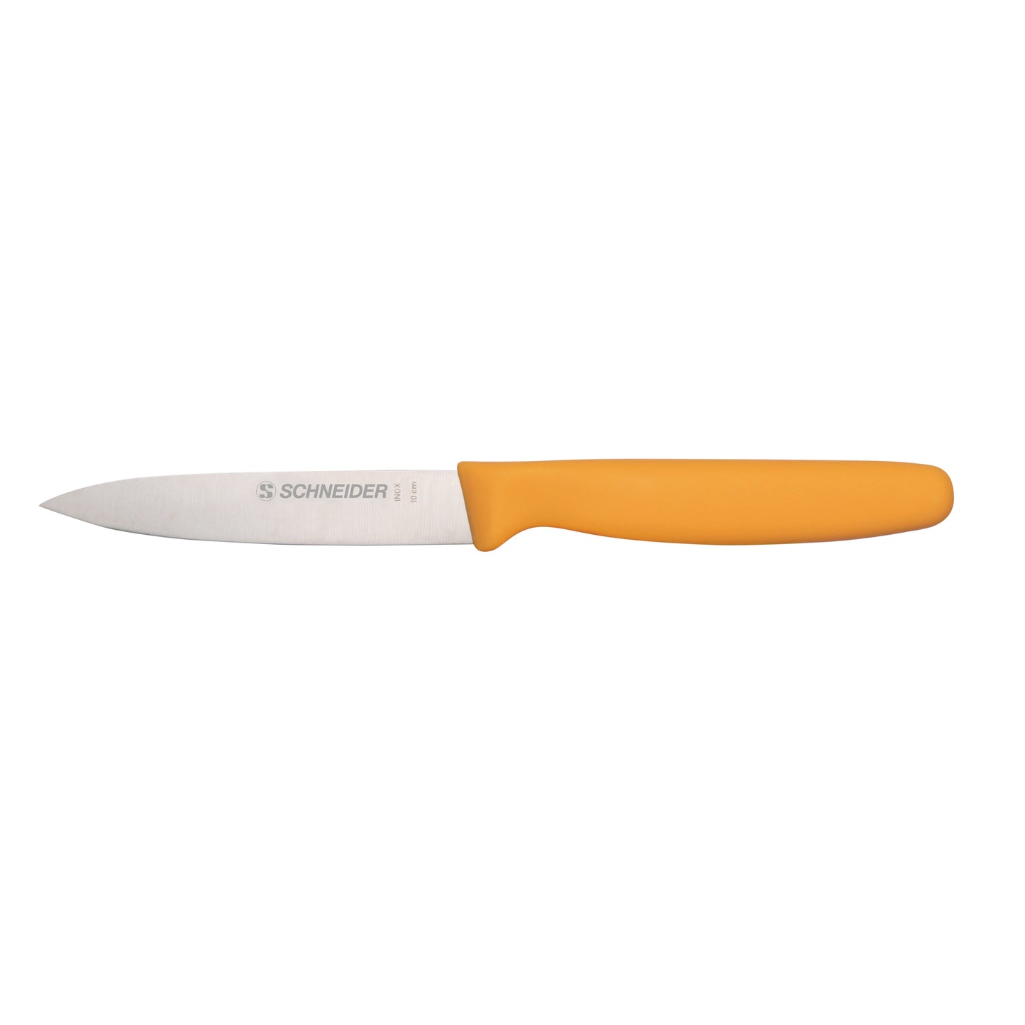 Küchenmesser mit orangefarbenem Griff.