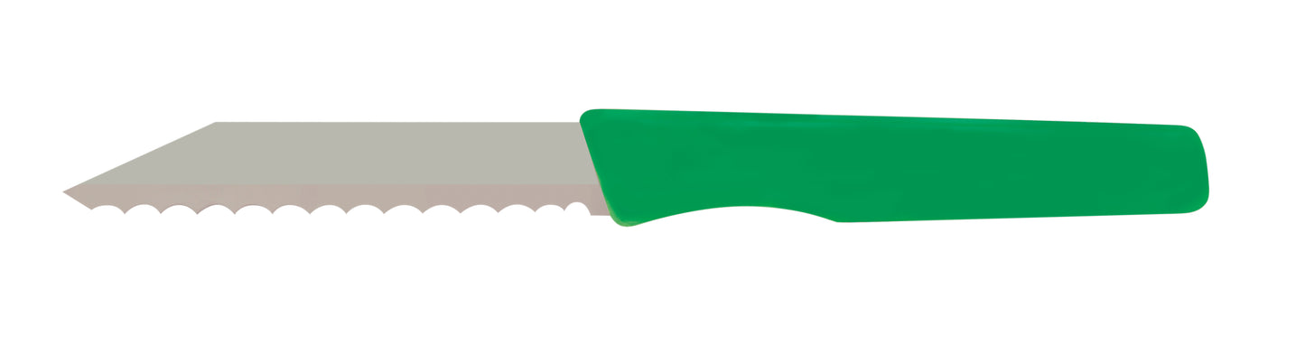 Grüner Gastronomiemesser mit Wellenschliff.
