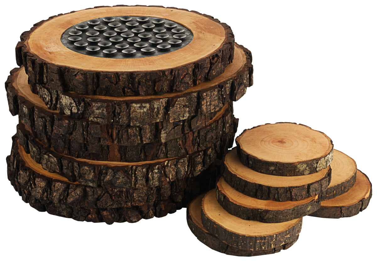 Holzscheiben mit Grill- oder Küchenzubehör