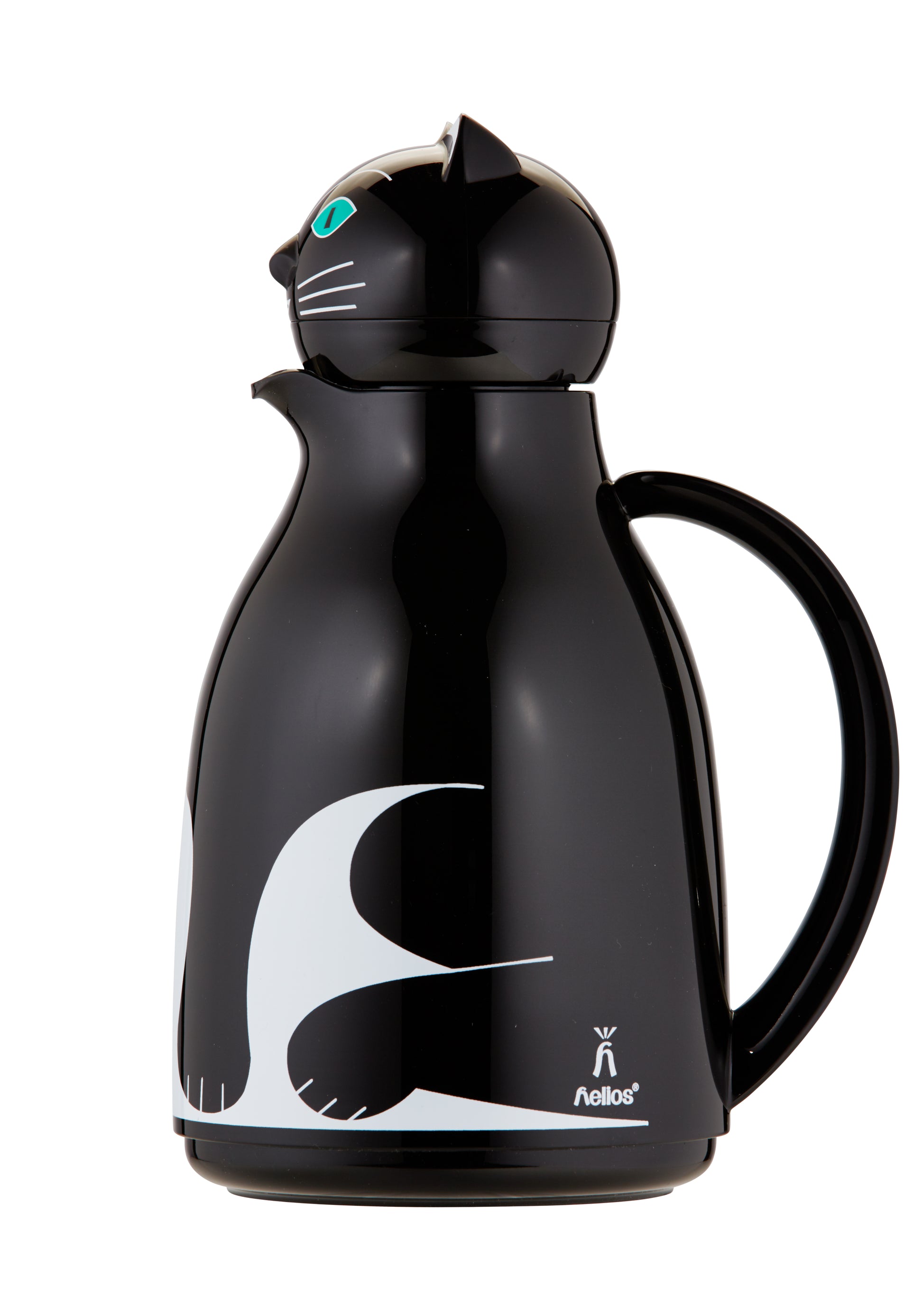 Schwarze Thermoskanne mit Katzenmotiv.