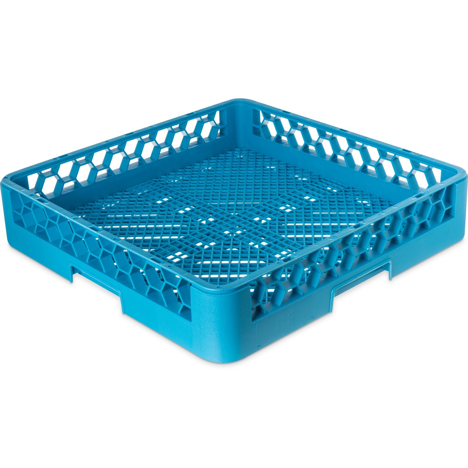 Blauer Geschirrkorb mit Wabenmuster.