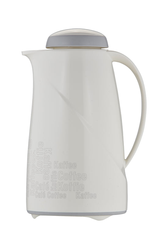 Weiße Thermoskanne mit grauem Deckel.