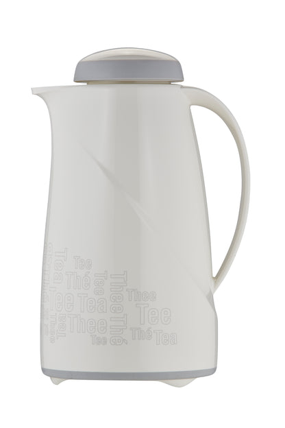 Weiße Teekanne mit grauem Deckel und Griff.
