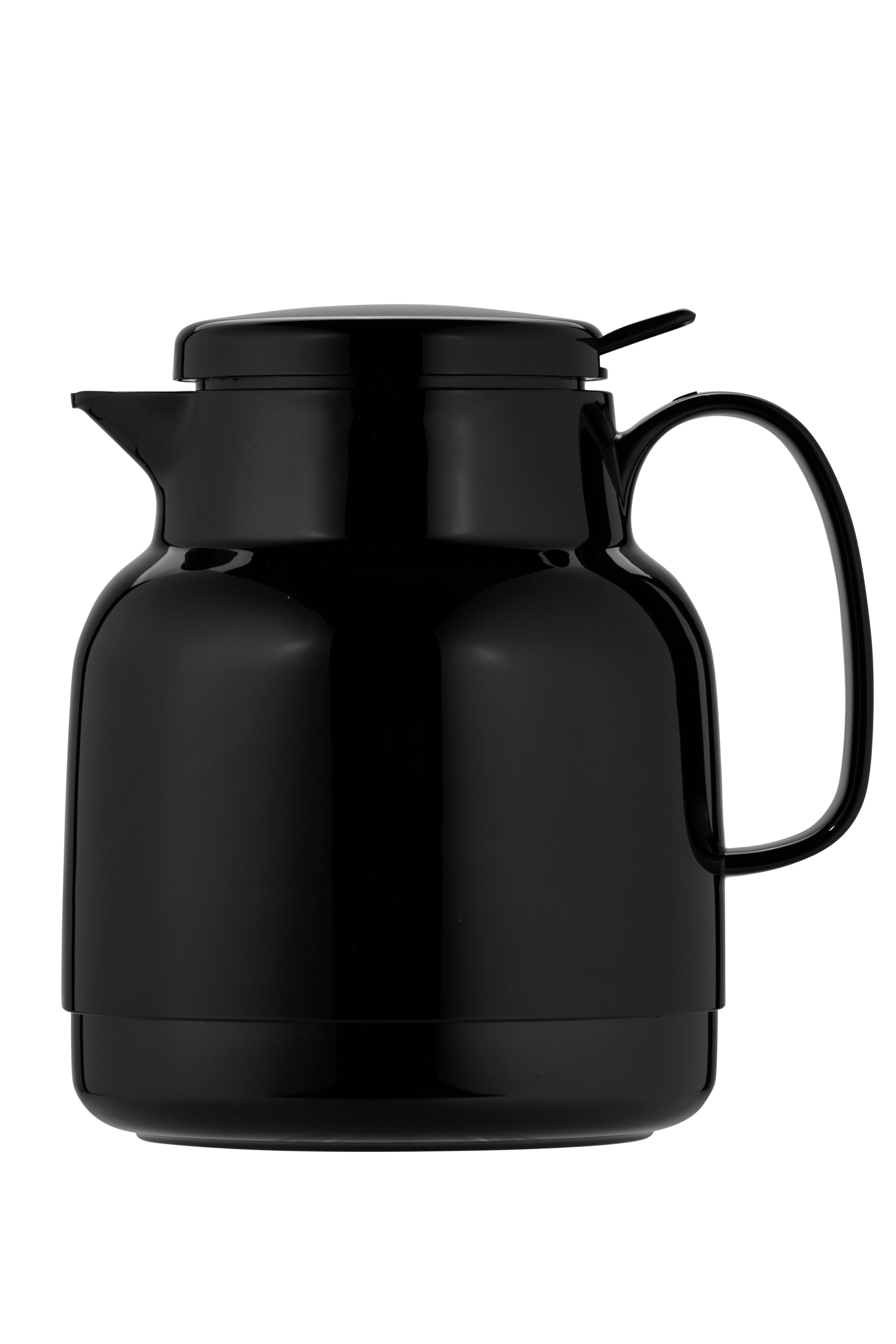 Schwarze Thermoskanne mit Henkel und Deckel.