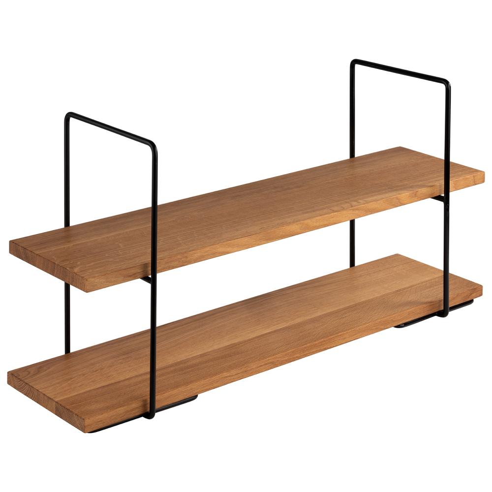 Holzregal mit zwei Ebenen.
