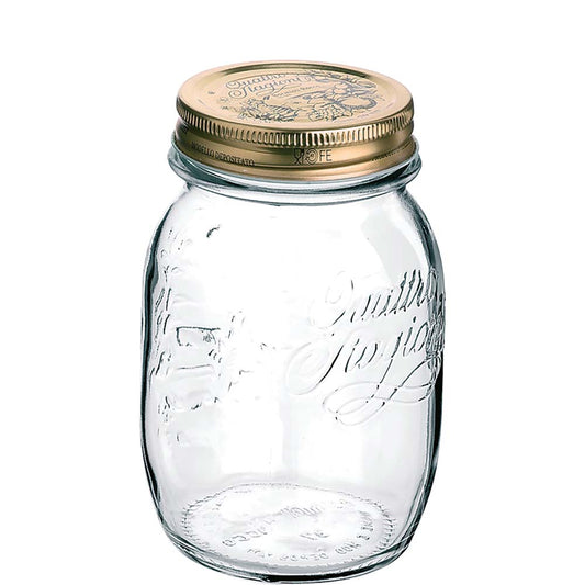 Einmachglas mit goldenem Deckel.