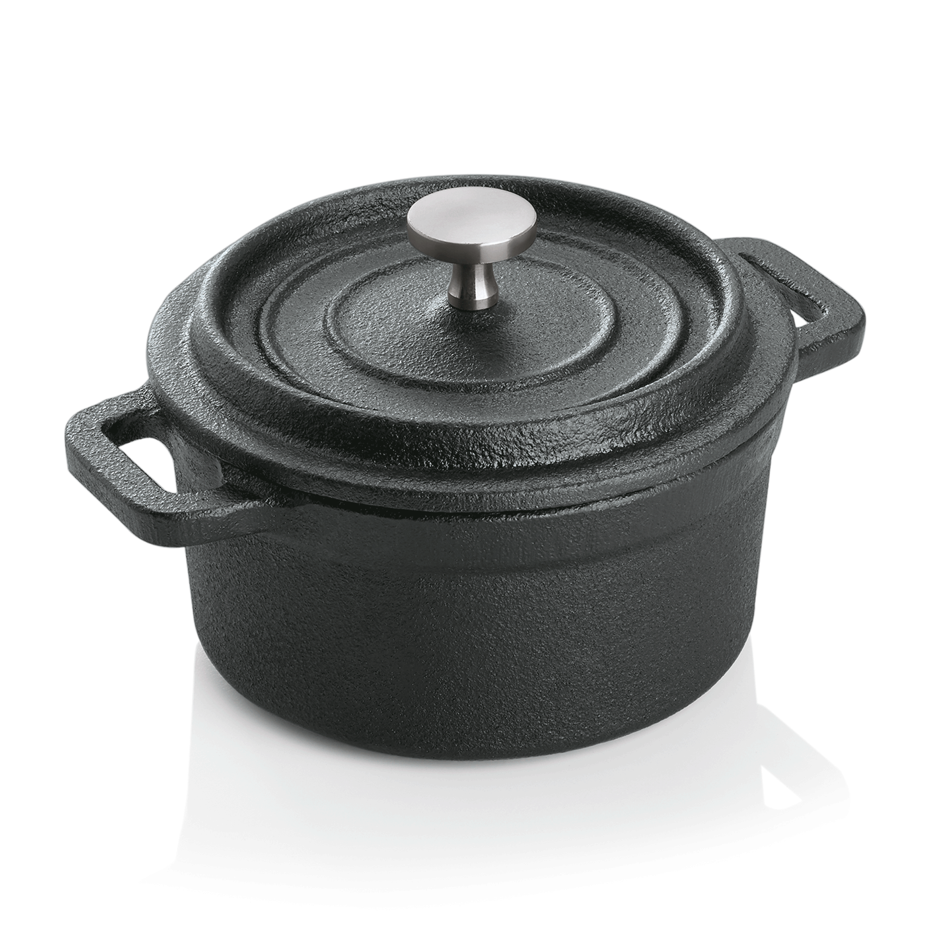 Schwarzer Gusseisentopf mit Deckel.