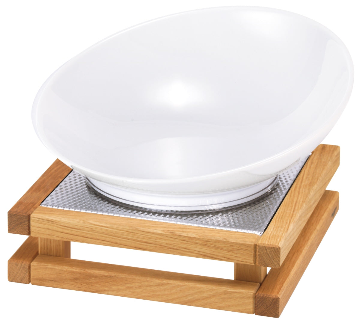Weiße Schüssel auf Holzständer