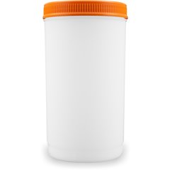 Weißer Behälter mit orangem Deckel.