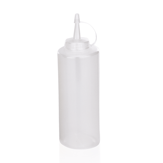 Transparente Saucenflasche mit Deckel.