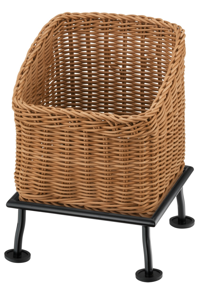 Wicker basket on black stand.