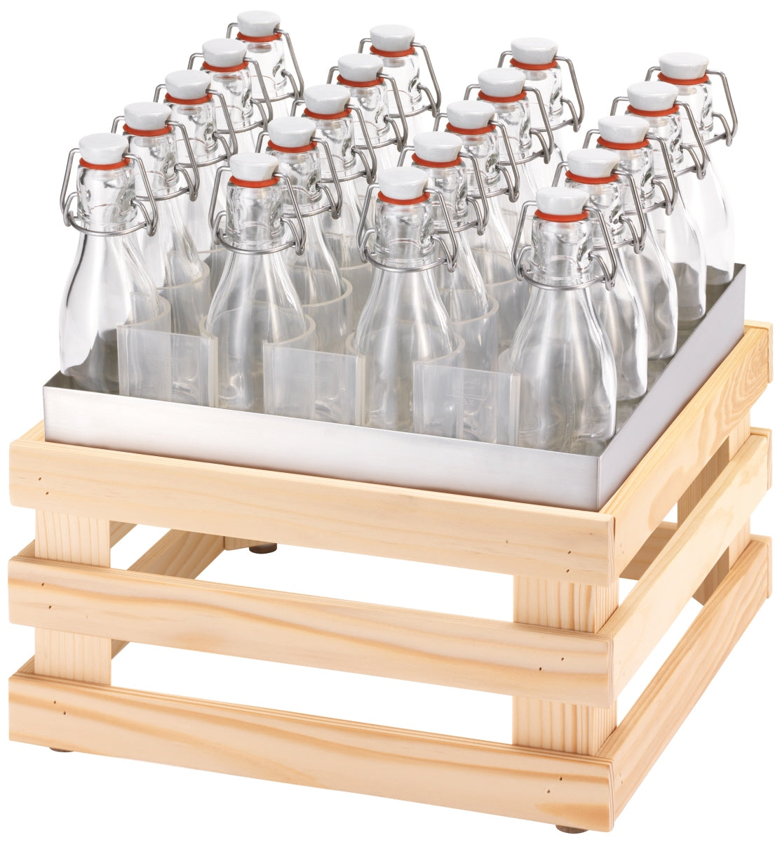 Leere Glasflaschen auf Holzgestell