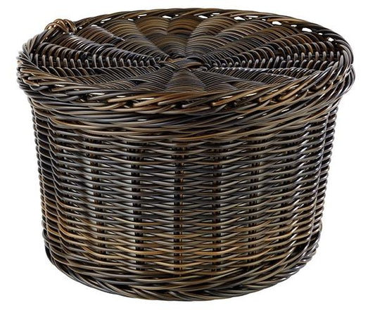 Runder, geflochtener Brotkorb mit Deckel.
