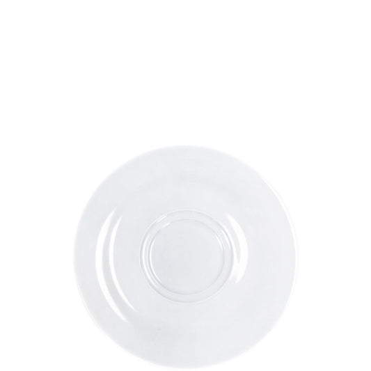 Weiße Porzellanuntertasse, schlichtes Design.