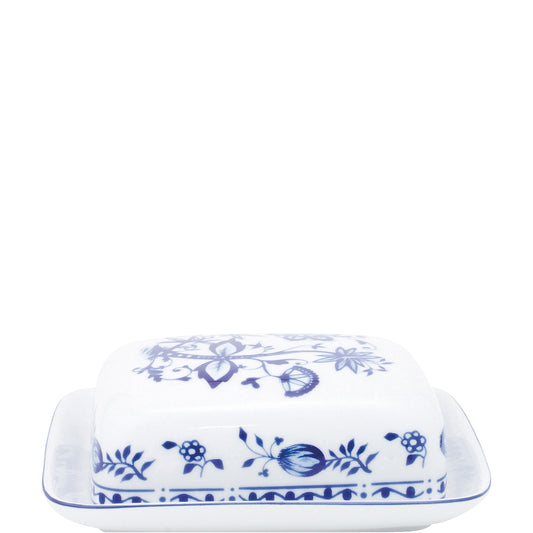 Porzellan-Butterdose mit blauem Muster.
