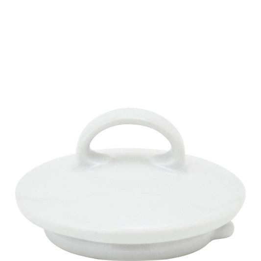 Weißer Porzellan-Deckel mit Griff.
