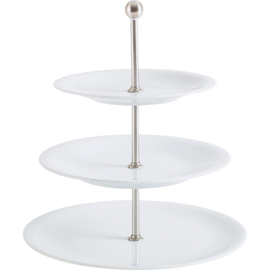 Dreistöckige Porzellan-Etagere für Gastronomie.