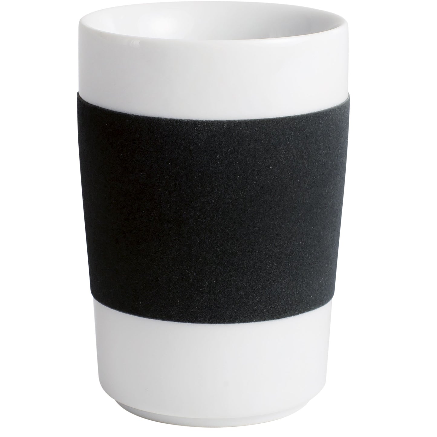 Weiße Tasse mit schwarzem Band.