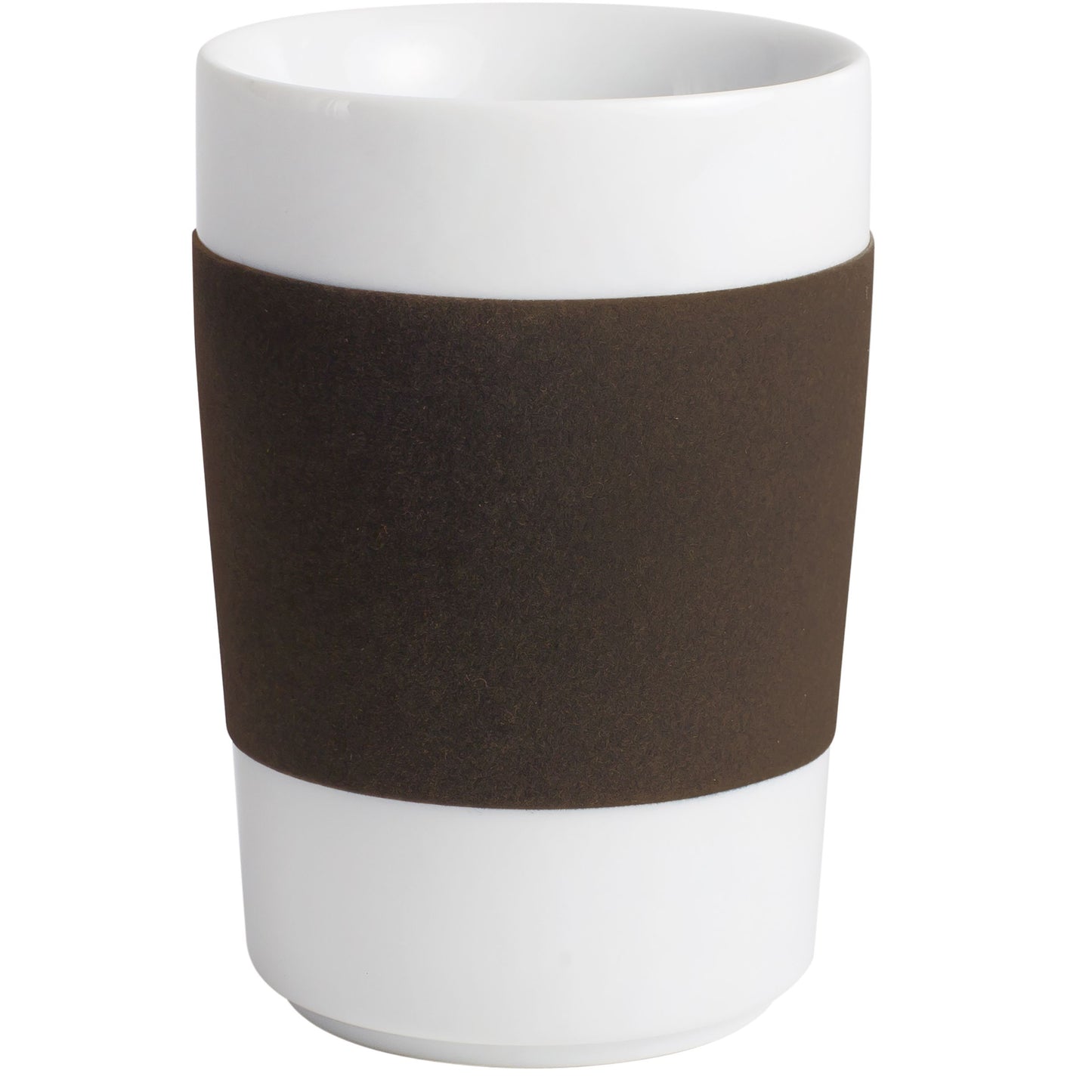 Weiße Tasse mit braunem Band.