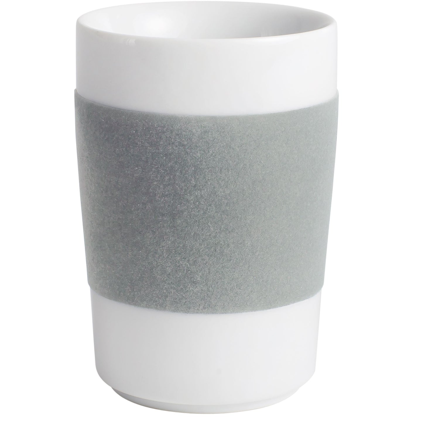 Weiße Tasse mit grauem Band.