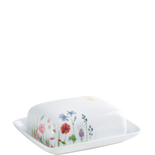 Porzellan-Butterdose mit Blumenmuster.