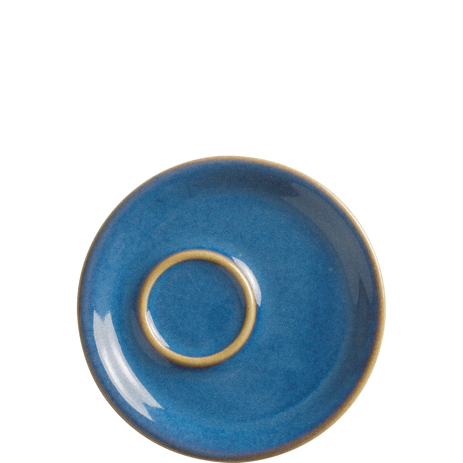 Blaue Untertasse mit gelbem Rand.