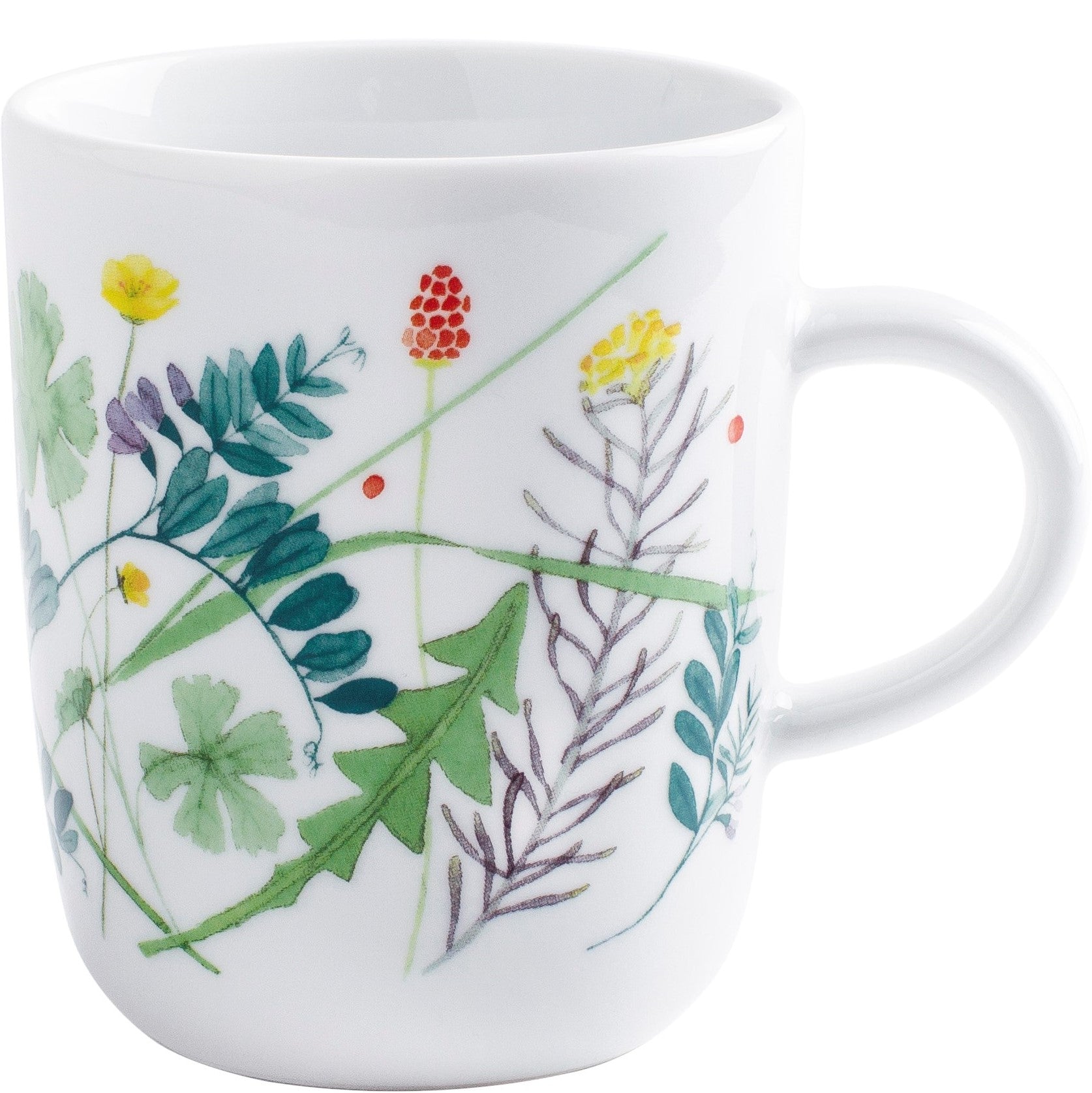 Tasse mit buntem Blumenmuster.