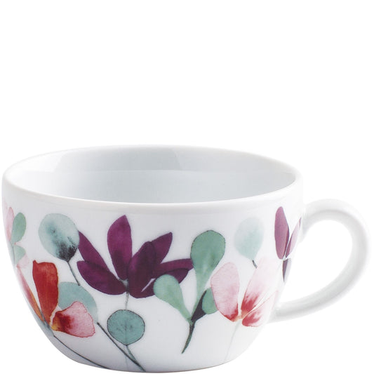 Tasse mit buntem Blumenmuster.