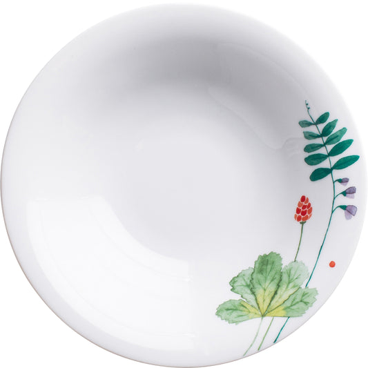 Weiße Porzellanschale mit Pflanzenmotiv.