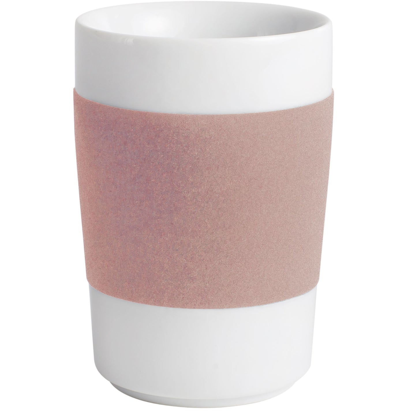 Weiße Tasse mit rosa Band.
