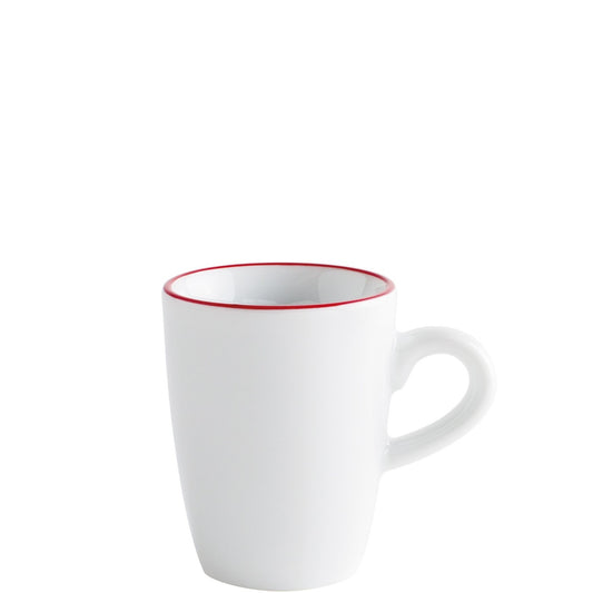 Weiße Tasse mit rotem Rand.
