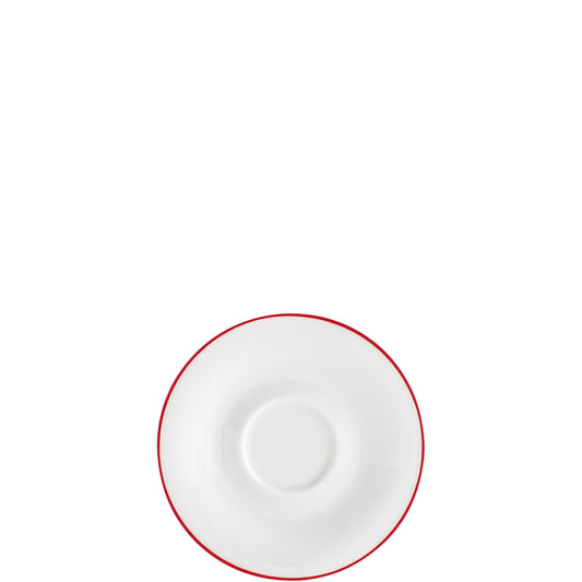 Weiße Untertasse mit rotem Rand.