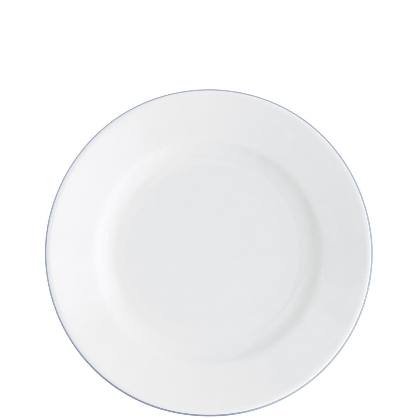 Weißer Porzellanteller mit blauem Rand.