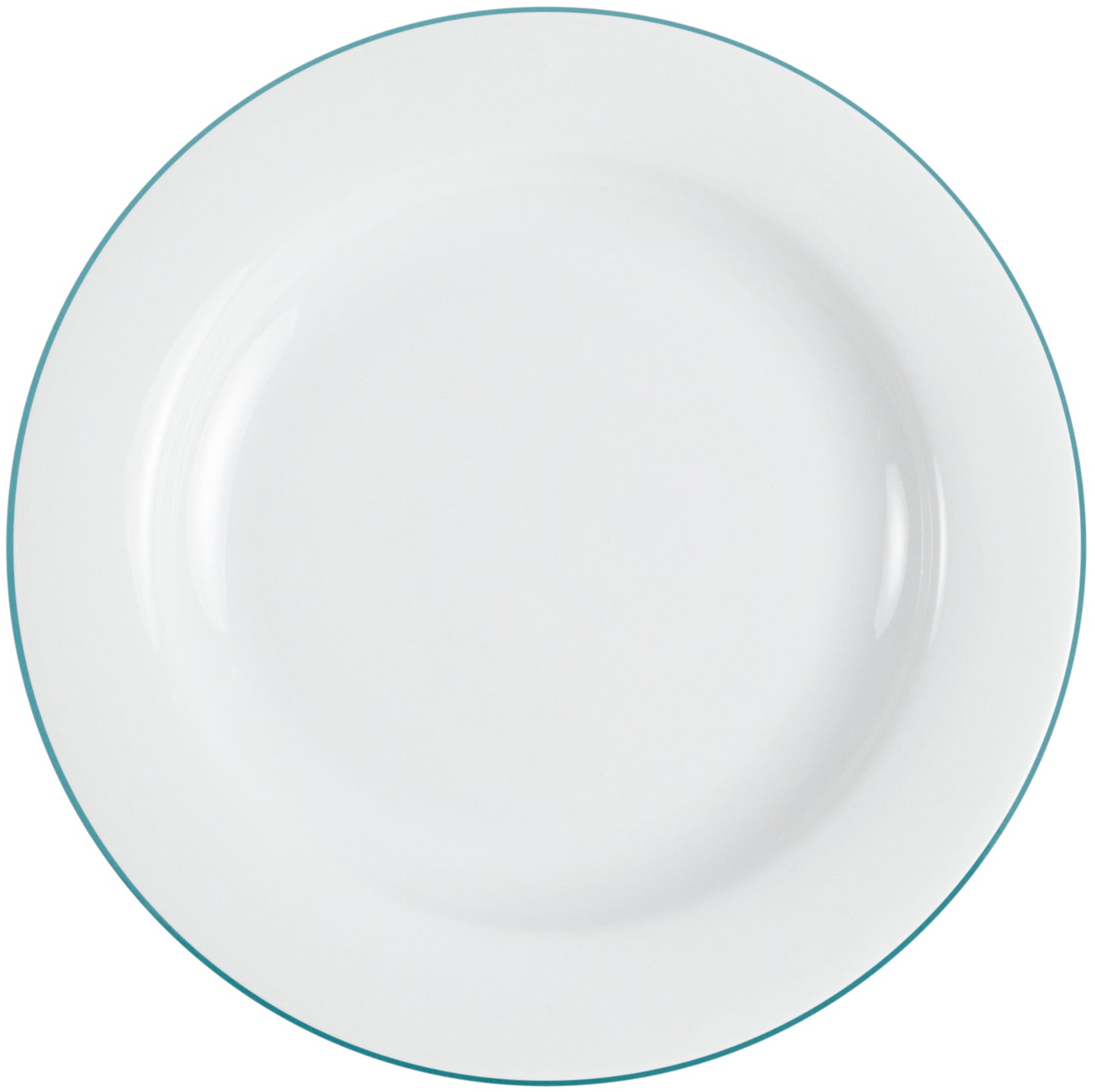 Weißer Porzellanteller mit blauem Rand.